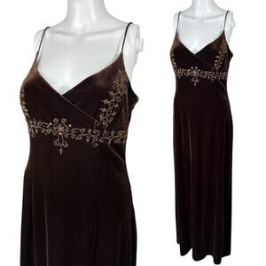 Y2K Dave & Johnny Laura Ryner Brown Velvet Bead Embellished Maxi Gown Mesh 9/10